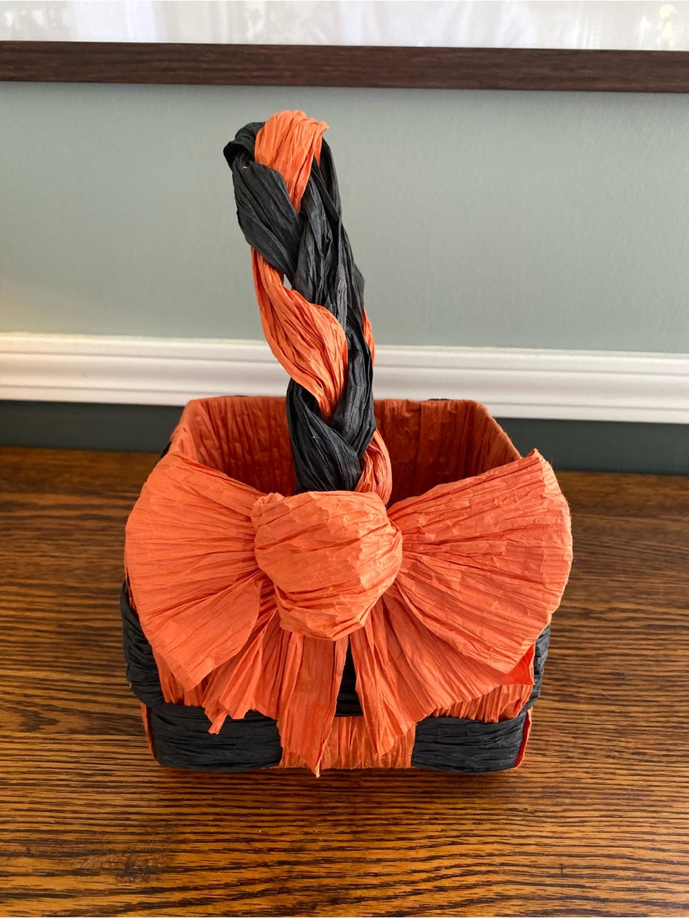 Vintage Woven Crepe Paper Basket Halloween Basket Black Orange Braided Handle